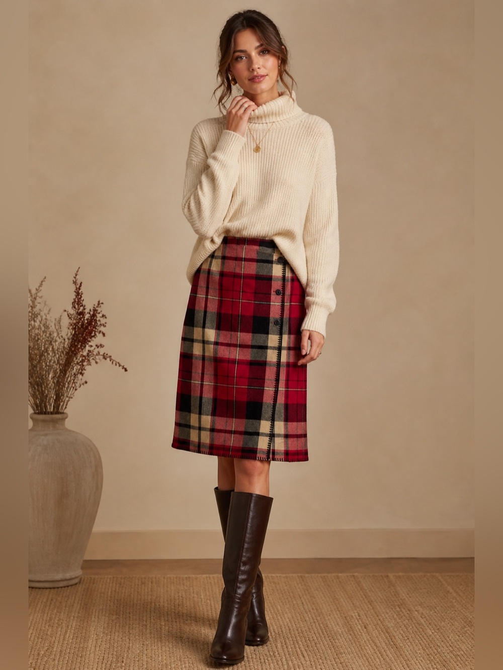 Vintage Telluride Wool Blend Tan, Black & Red Plaid Wrap A-Line Skirt Size 6